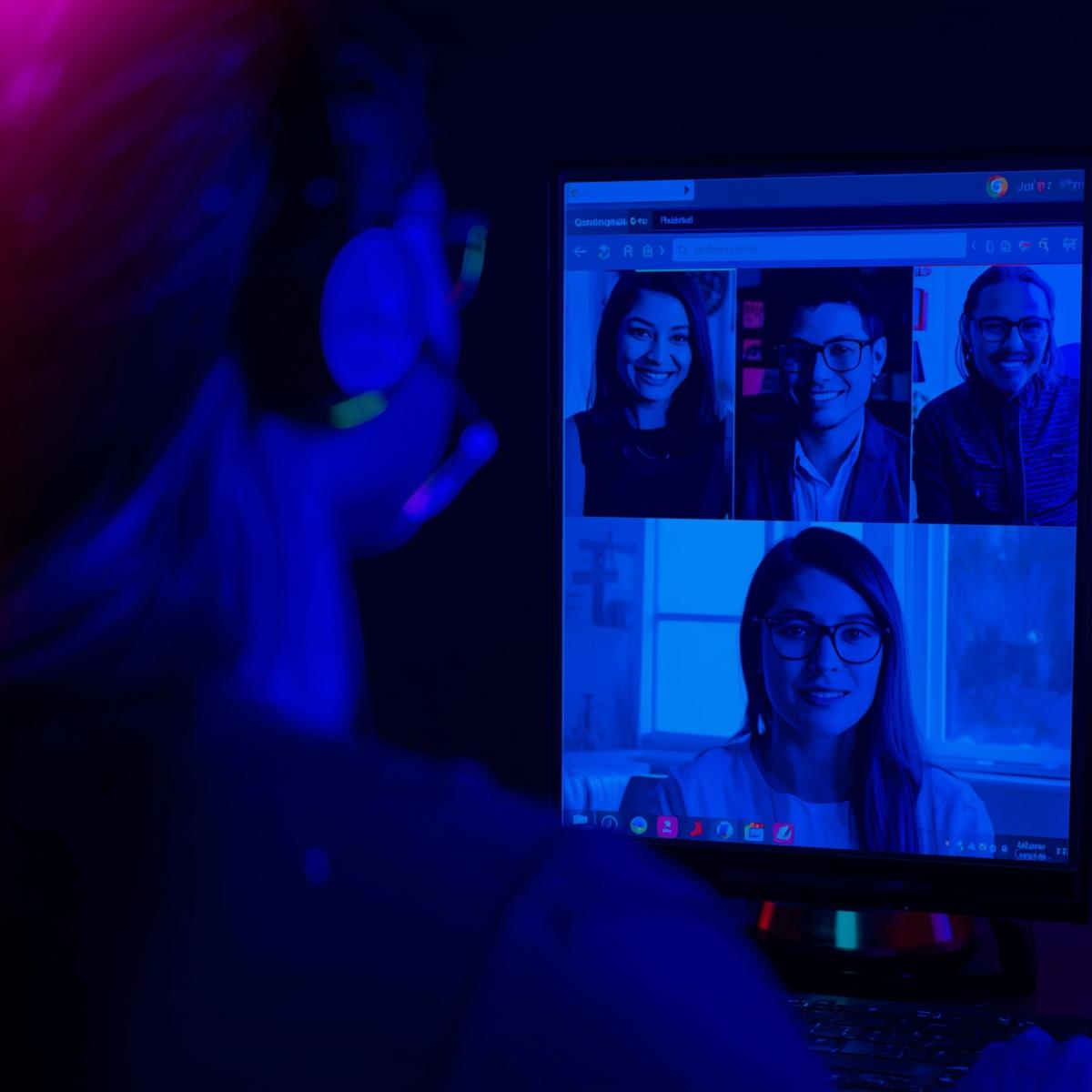 A young professional in a virtual call with colleagues, lit in neon tones