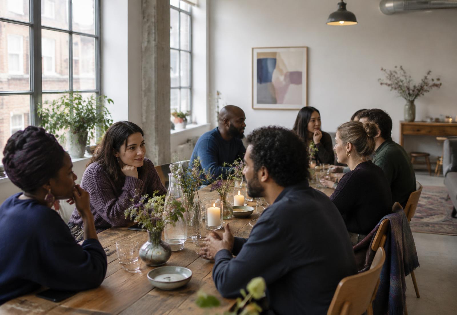 People of different ages talking and laughing around a table with notebooks and coffee