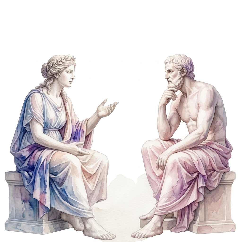 A contemplative classical figure in translucent blue, purple and pink